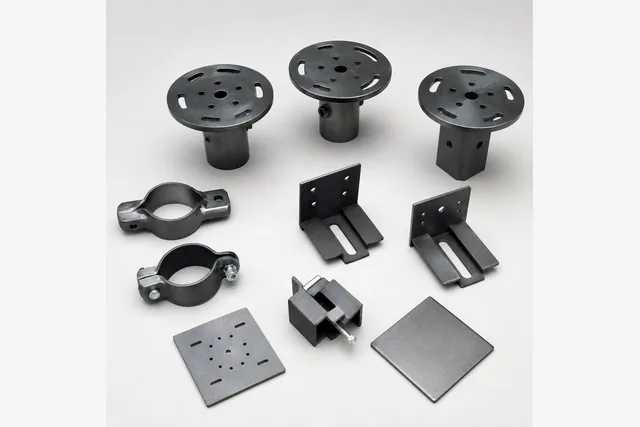A studio layout of ground screw head plates, clamps and connection brackets.