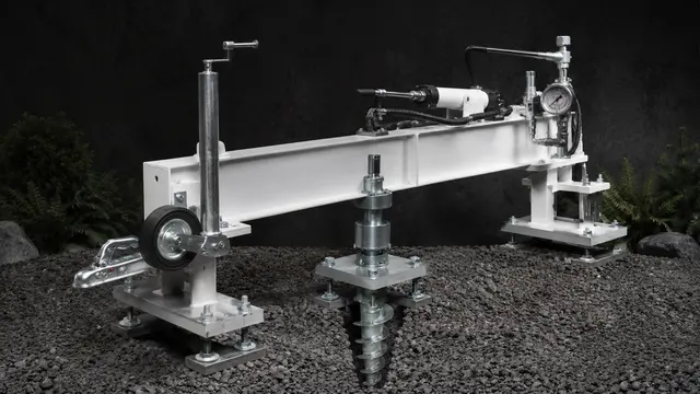Studio technical illustration of a test apparatus and helical ground screw on a dark ground surface.