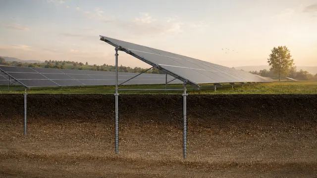 Technical cutaway illustration of a ground-mounted solar frame supported by helical ground screws.